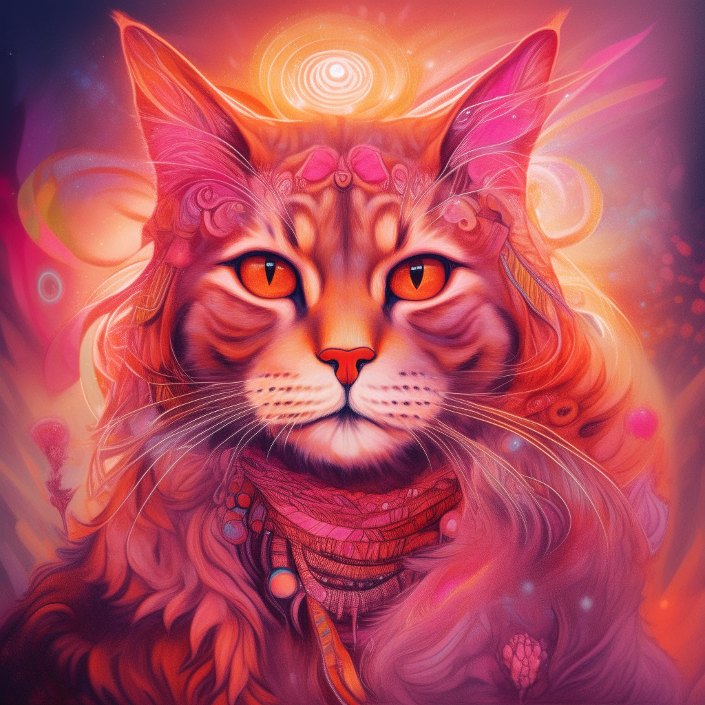 A psychedelic portrait of a cat-person hybrid, with the head of a cat and the body of a human. The cat has colorful swirling patterns in its fur and is wearing flower crowns and mala beads. A glowing aura surrounds the cat-person in shades of pink, orange and yellow. The image has a dreamlike, spiritual quality.