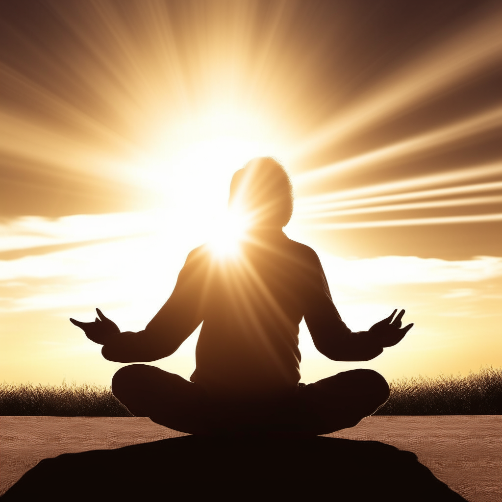 A person sitting in meditation under the rising sun with their hands open in prayer or gratitude. Rays of light emanate from the sun, surrounding the person in a glow of spiritual awakening and appreciation for the new day.