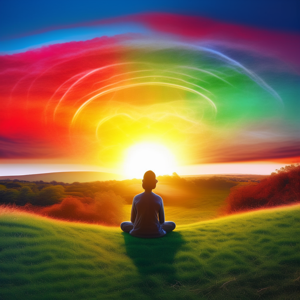 A glowing, rainbow-colored aura surrounds a person meditating at sunrise on a grassy hill. Psychedelic patterns swirl in the sky and aura as the sun's rays take the form of dancing spiritual beings. A feeling of profound gratitude, connection and awakening is conveyed through vibrant, surreal imagery.