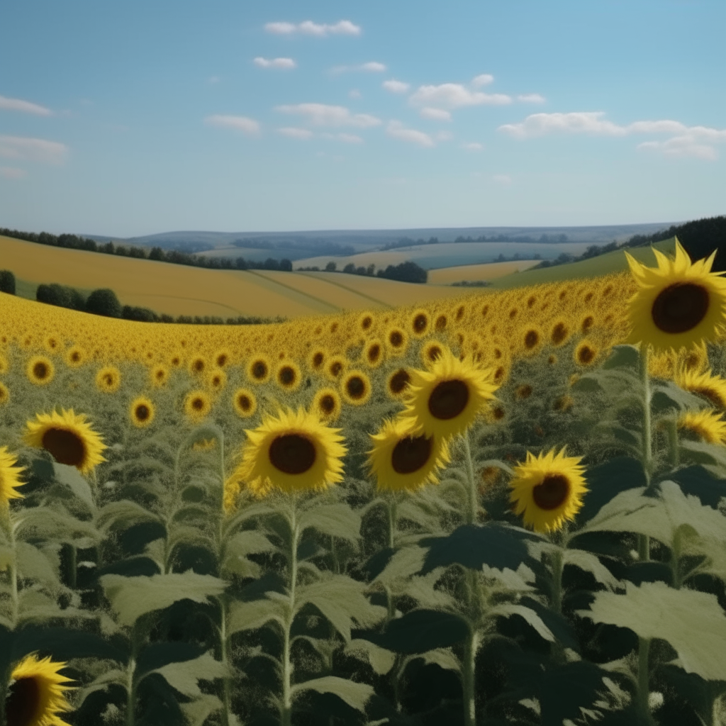 A vast field of bright yellow sunflowers, as far as the eye can see, blowing gently in the breeze on a sunny afternoon. Blue skies and rolling green hills create a stunning natural backdrop.