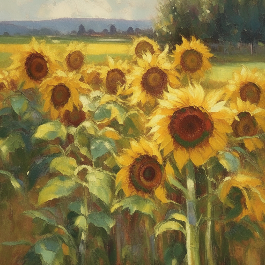 A sun-dappled field of sunflowers painted in the style of 19th century impressionist artwork. The sunflowers sway gently and the landscape is depicted with loose brushstrokes, conveying a nostalgic, romantic mood.