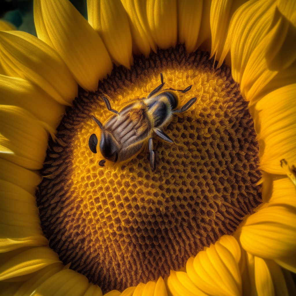 A close-up view of a large sunflower, showing intricate patterns on the golden petals and a buzzing honeybee collecting nectar at its center. Fine details are brought out to highlight the flower's natural beauty.