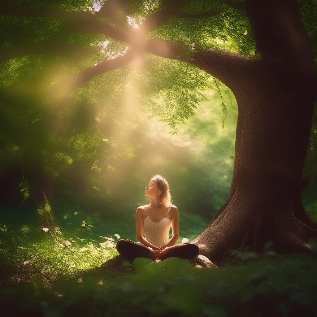 A beautiful young woman sitting peacefully in a meditative pose under a large tree in a lush green forest. She is surrounded by colorful wildflowers and sunlight filters through the leaves above her, creating a calming, spiritual atmosphere.