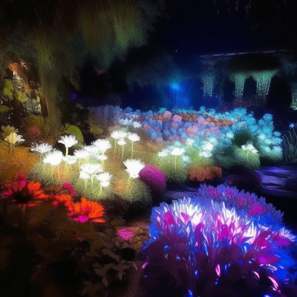 Un jardín de flores de fantasía que cambian de color con la luz, representando la fluidez del viaje interior