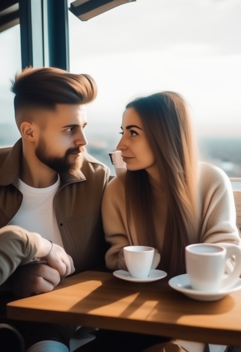 A man and his girlfriend are in a cafe drinking coffee in a clear and beautiful view 