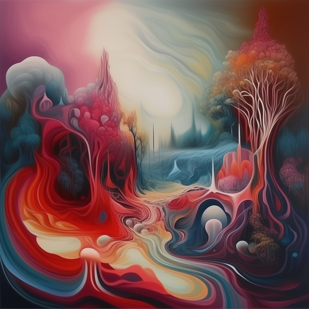 Un paisaje surrealista con formas orgánicas abstractas que cambian de color de manera psicodélica