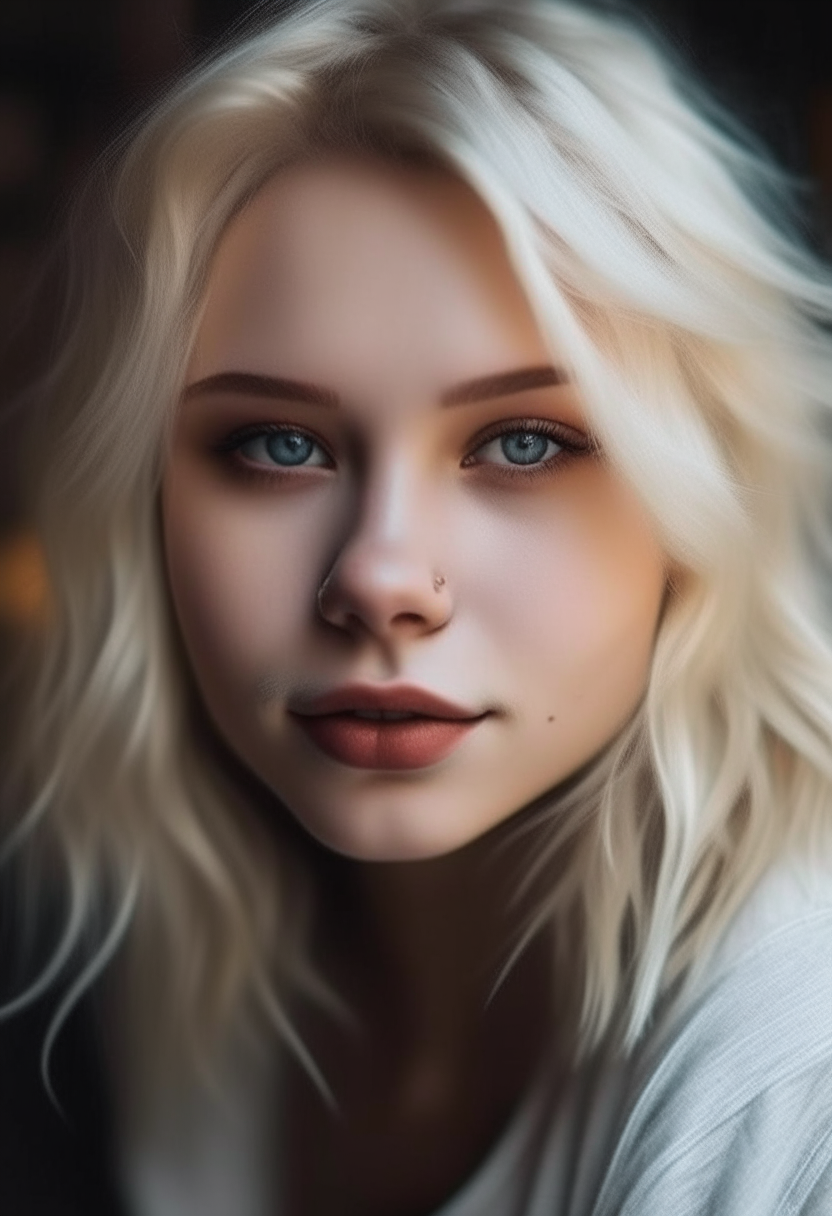 Beautiful girl's white face, blonde hair and black eyes are in a mild mood 