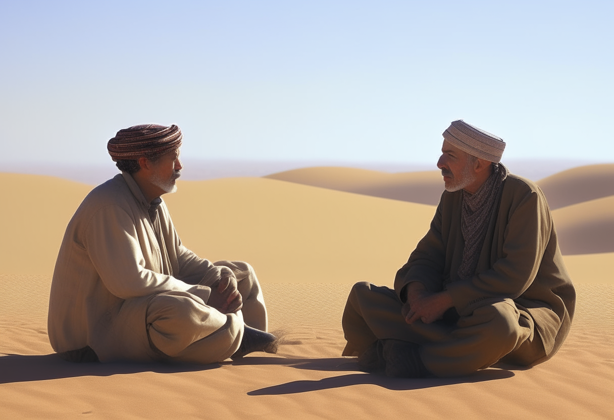 2 man’s talking in the desert 