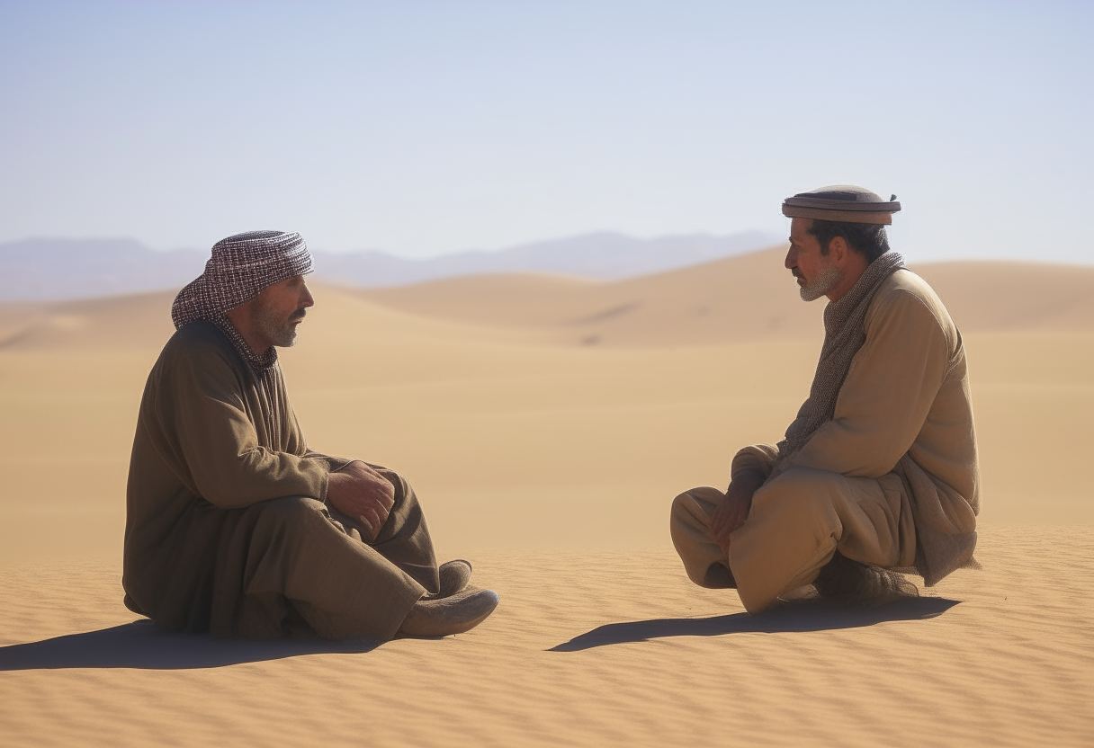 2 man’s talking in the desert 