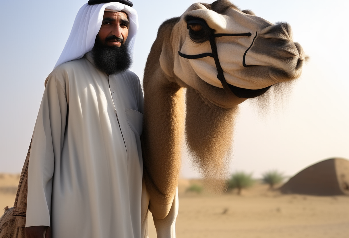 A Arab man beside  a camel