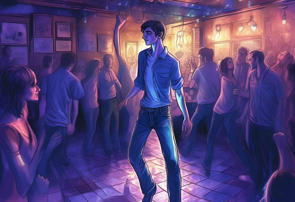 a young man dancing in blue and purple pub,there are people around him, happy ambiance, concept by Godfrey Blow, featured on deviantart, drawing, sots art, lyco art, artwork, photoillustration, poster art