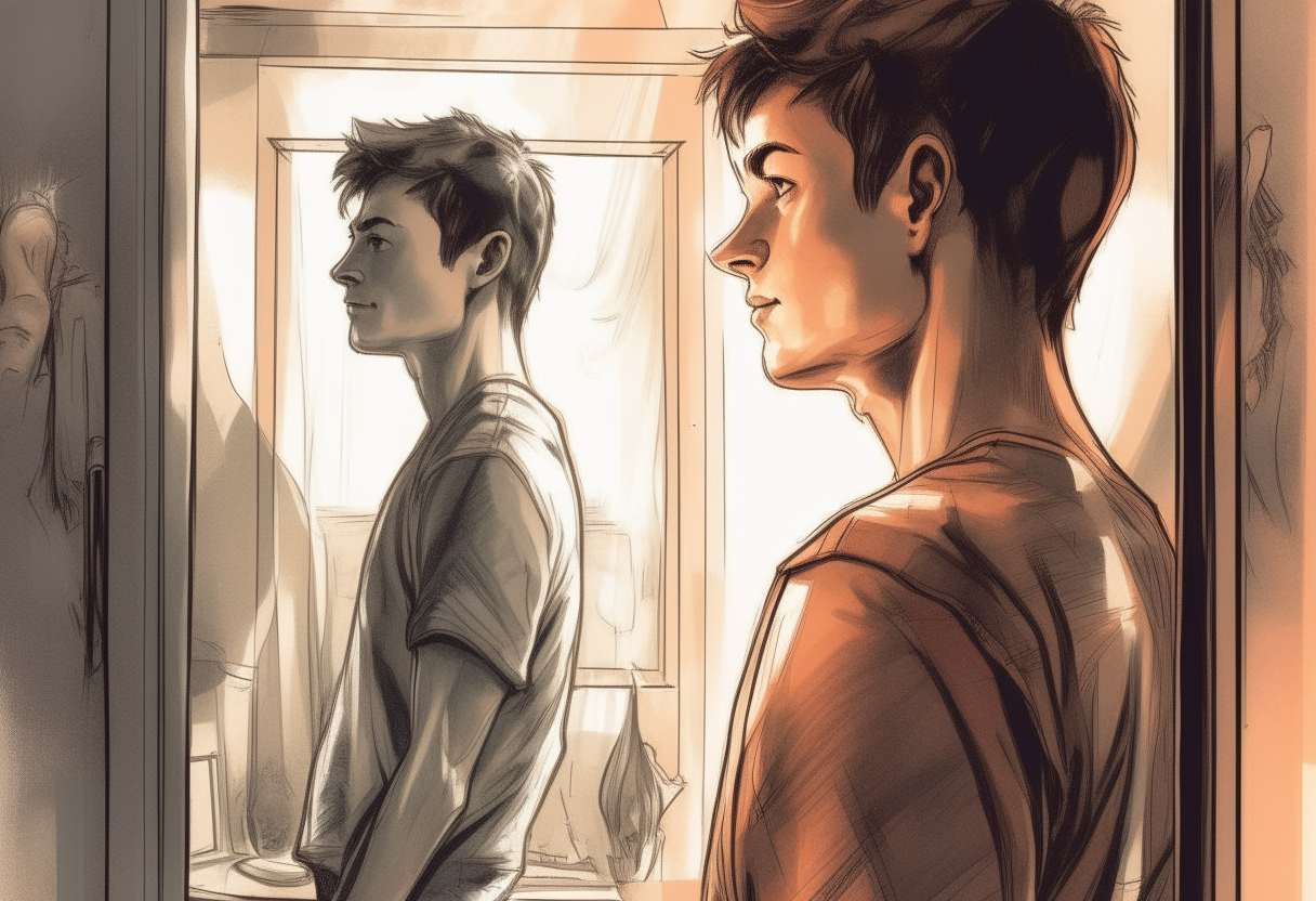 a young man looks in the mirror and someone else looks back, happy ambiance, concept by Godfrey Blow, featured on deviantart, drawing, sots art, lyco art, artwork, photoillustration, poster art