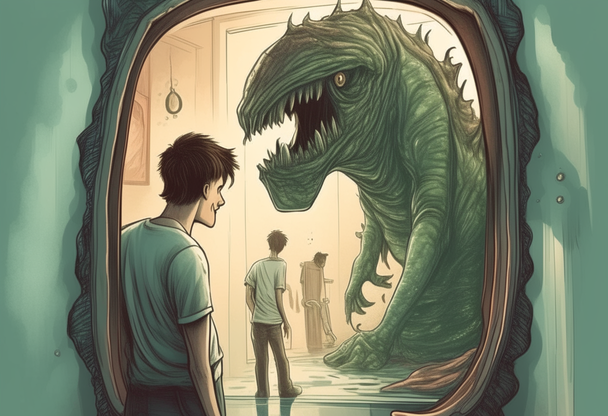 a young man looks in the mirror and monster looks back, happy ambiance, concept by Godfrey Blow, featured on deviantart, drawing, sots art, lyco art, artwork, photoillustration, poster art