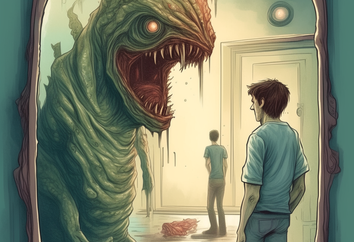 a young man looks in the mirror and human-like monster looks back, happy ambiance, concept by Godfrey Blow, featured on deviantart, drawing, sots art, lyco art, artwork, photoillustration, poster art