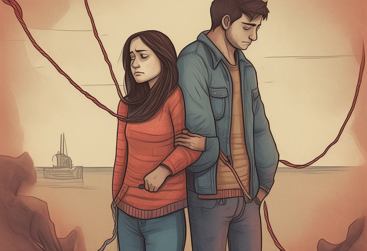 a young man stands in the middle, on the left side of the picture a cheerful man hugs a woman, on the other side of the picture a sad man stands with a rope in his hand,  happy ambiance, concept by Godfrey Blow, featured on deviantart, drawing, sots art, lyco art, artwork, photoillustration, poster art