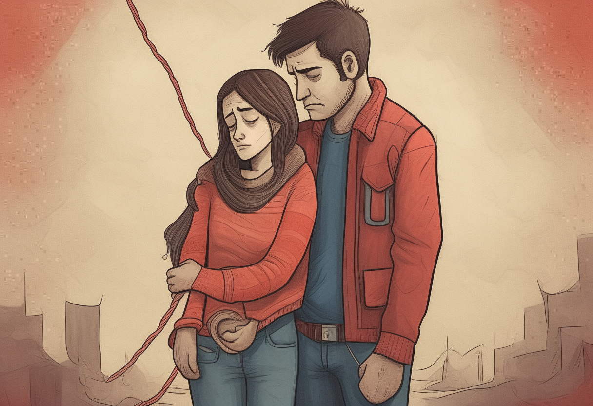 a young man stands in the middle, on the left side of the picture a cheerful man hugs a woman, on the other side of the picture a sad man stands with a rope in his hand,  happy ambiance, concept by Godfrey Blow, featured on deviantart, drawing, sots art, lyco art, artwork, photoillustration, poster art