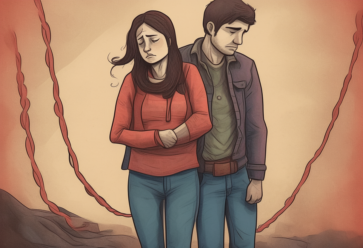 a young man stands in the middle, on the left side of the picture a cheerful man hugs a woman, on the other side of the picture a sad man stands with a rope in his hand,  happy ambiance, concept by Godfrey Blow, featured on deviantart, drawing, sots art, lyco art, artwork, photoillustration, poster art