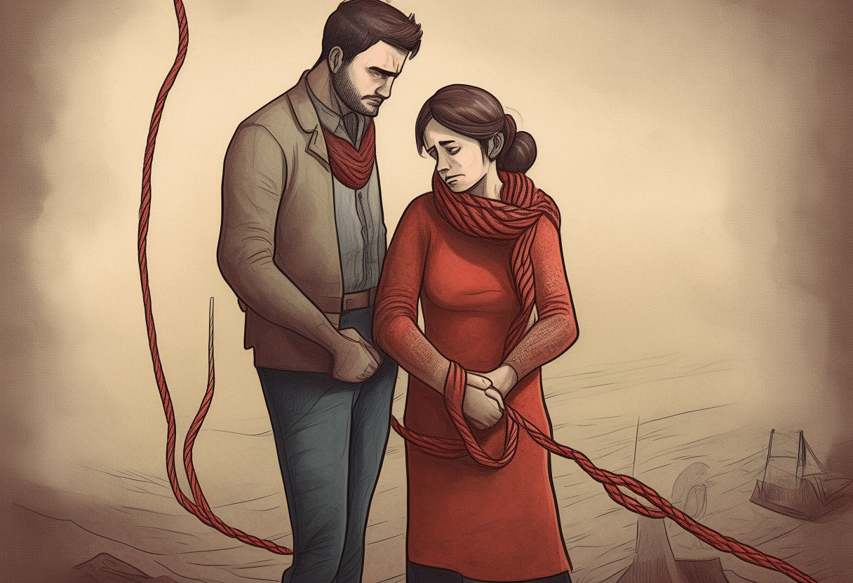 on the left side of the picture a cheerful man hugs a woman, on the other side of the picture a sad man stands with a rope in his hand,  happy ambiance, concept by Godfrey Blow, featured on deviantart, drawing, sots art, lyco art, artwork, photoillustration, poster art