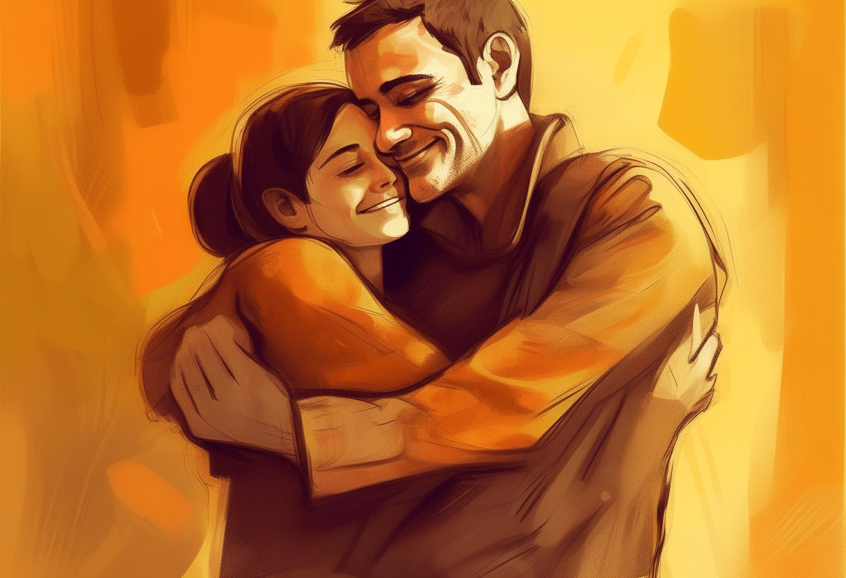 a cheerful man hugs a woman,  happy ambiance, concept by Godfrey Blow, featured on deviantart, drawing, sots art, lyco art, artwork, photoillustration, poster art