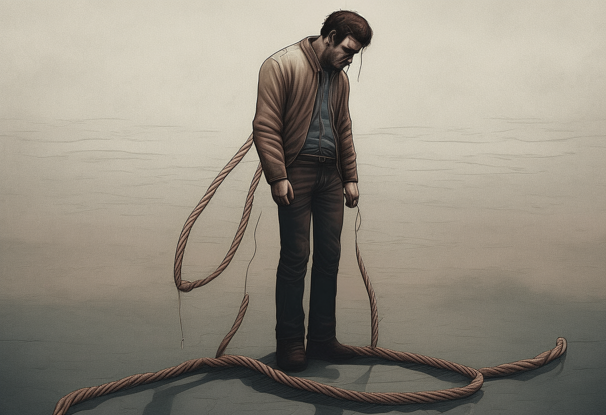 a sad man stands with a rope in his hand, suicide ambiance, concept by Godfrey Blow, featured on deviantart, drawing, sots art, lyco art, artwork, photoillustration, poster art