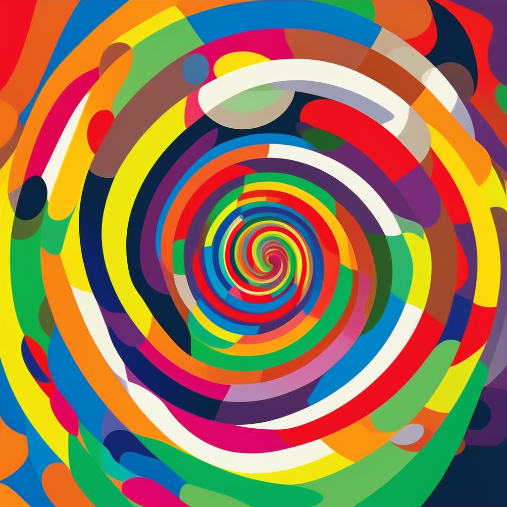 A multi-colored spiral vector pattern with bright overlapping circles.