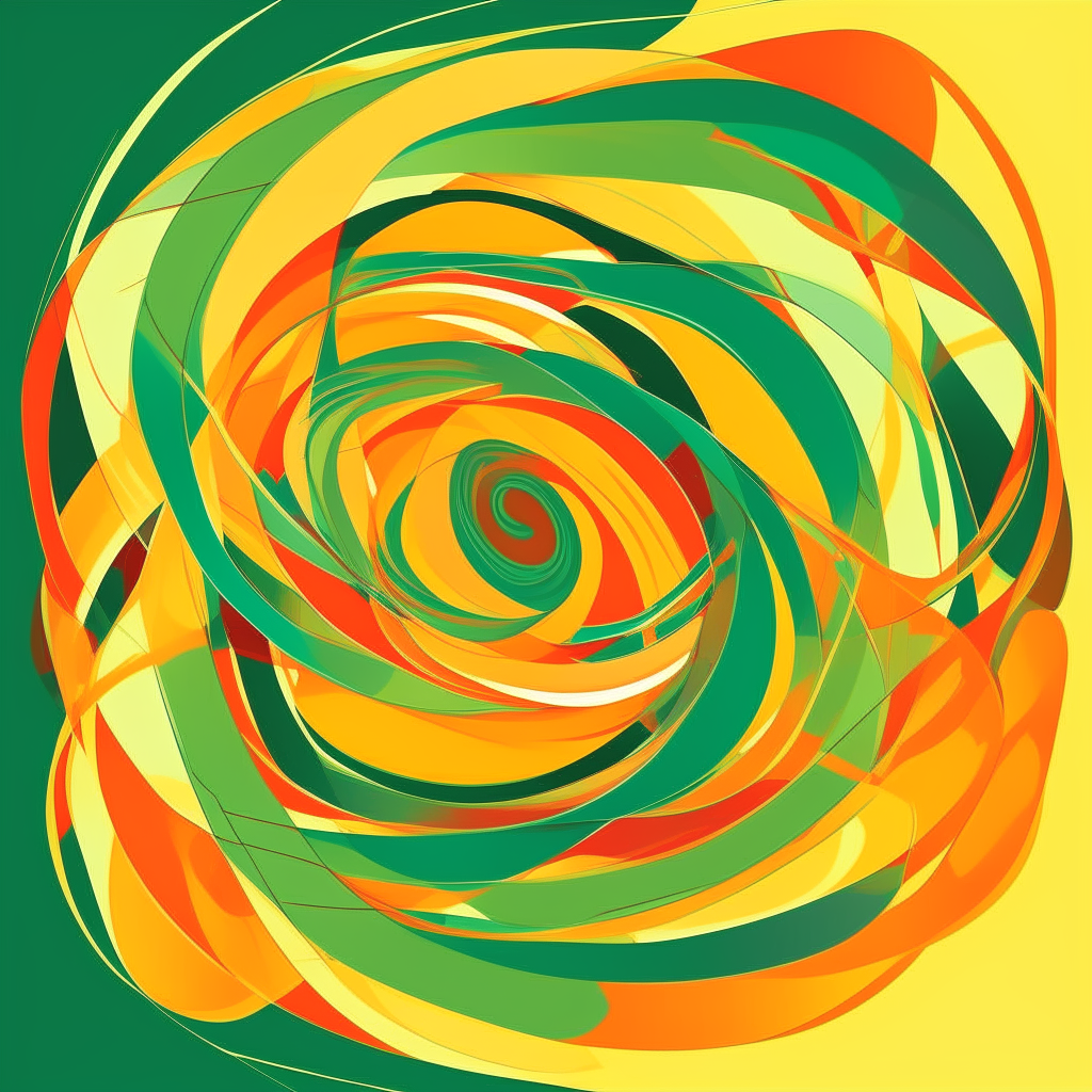 An abstract vector design featuring intertwining spirals in orange, yellow and green.