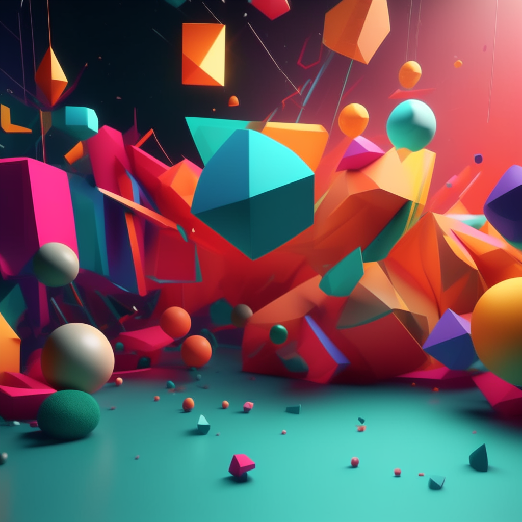 A 3D rendered scene of colorful geometric shapes floating in space.