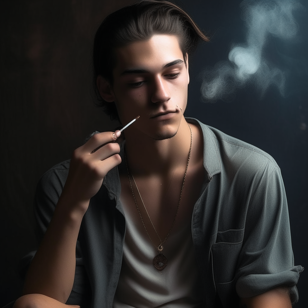 A young man with long dark hair tied back in a bun, wearing loose clothing like a deep v-neck shirt and jeans. He has several rings and a pendant visible as he smokes a cigarette.