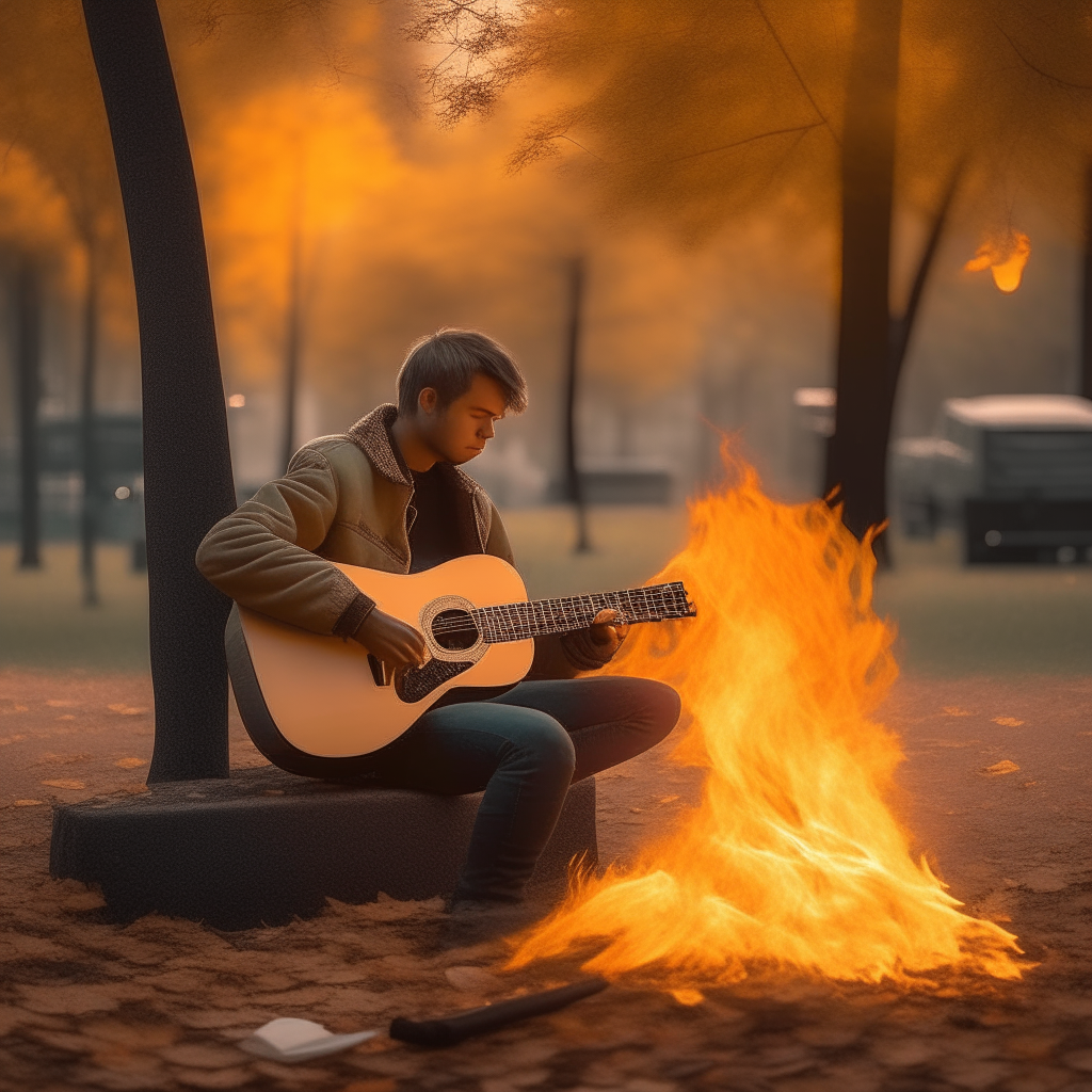 Niko sits playing his guitar in the park, lost in thought as flames dance at his fingertips