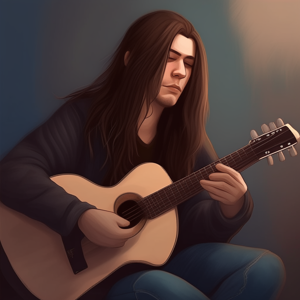 A portrait of Niko inspired by image-66, showing his face and long hair as he sits playing guitar