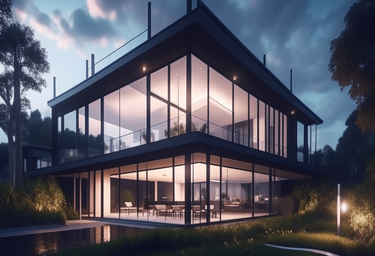 modern realistic villa, in the landscape, 8k, realistic, photographic, big windows