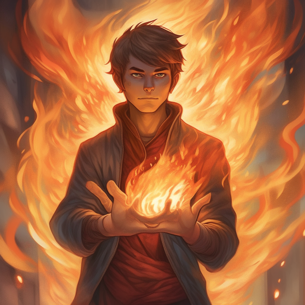 A portrait of Niko standing amidst gently swirling flames, his expression focused yet at peace as his power dances around his hands