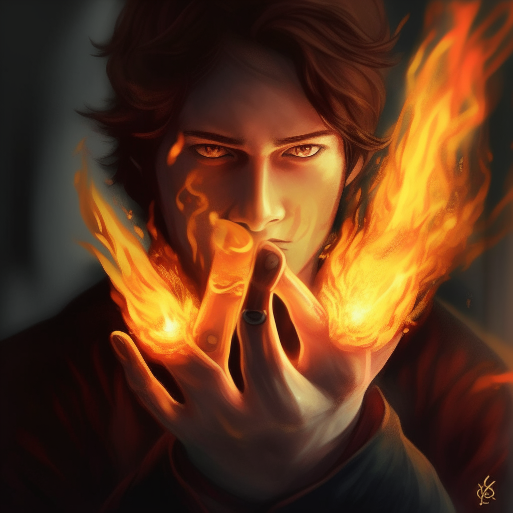 Portrait of Niko as flames dance gently around his fingers. Though afraid of his power, he has learned to contain it.