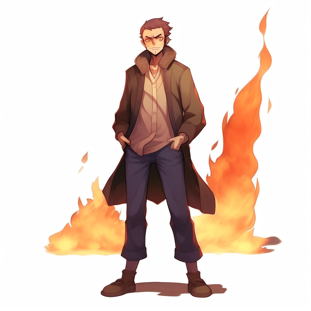 Full-body portrait of Niko standing casually with hands in pockets, concealing any flames as he struggles with his power