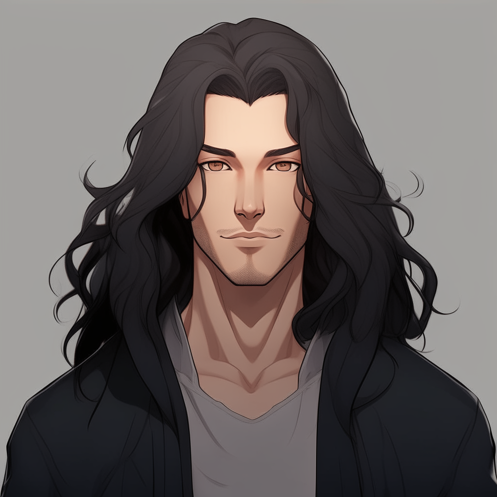 Portrait of Niko with long black wavy hair, gray eyes, and athletic build as described, standing casually