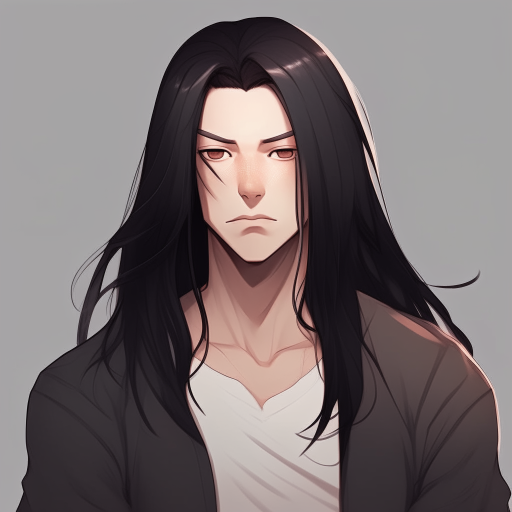 Portrait of a 17-year-old Niko, with long black hair and athletic build as described earlier