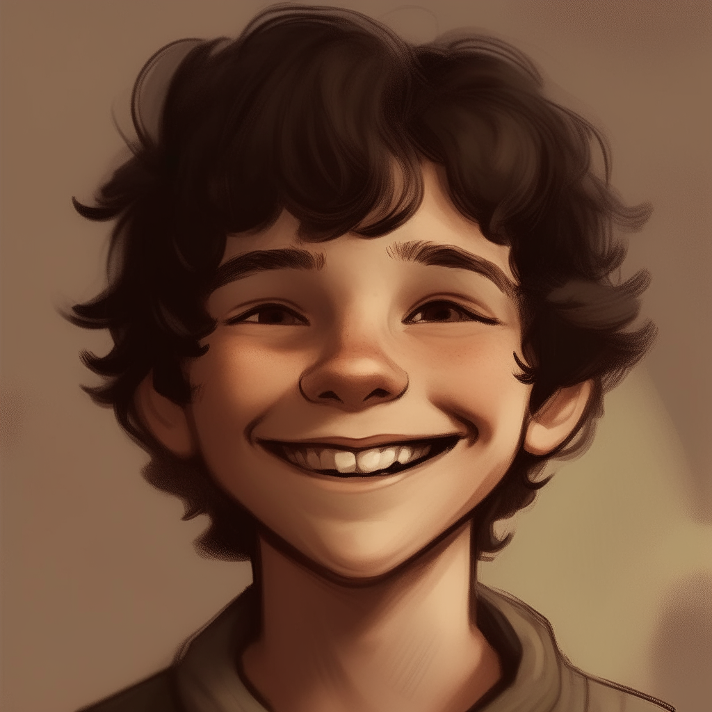 Portrait of a young Niko smiling happily, with short hair as described from his childhood