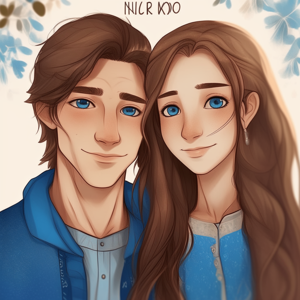Portrait of young Niko and Mira together as friends, with Niko taller and Mira described as shorter with long brown hair, blue eyes and Slavic appearance