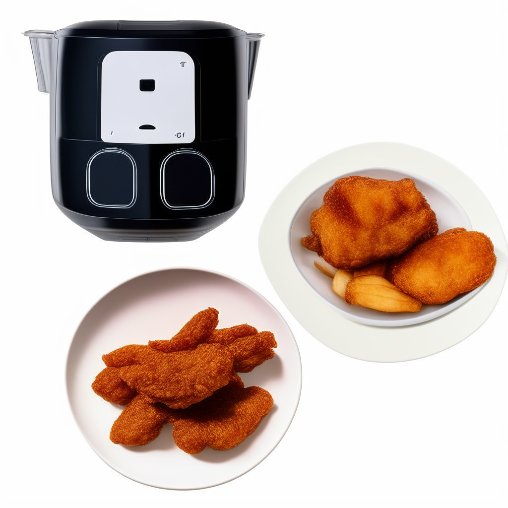 A square image with two dishes that have printed air fryer recipes above them. The recipes are transparent with no background.