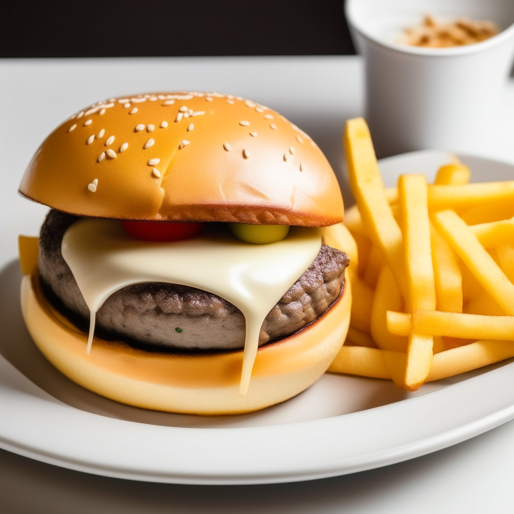 A white ceramic plate with a cheeseburger and french fries on top of it