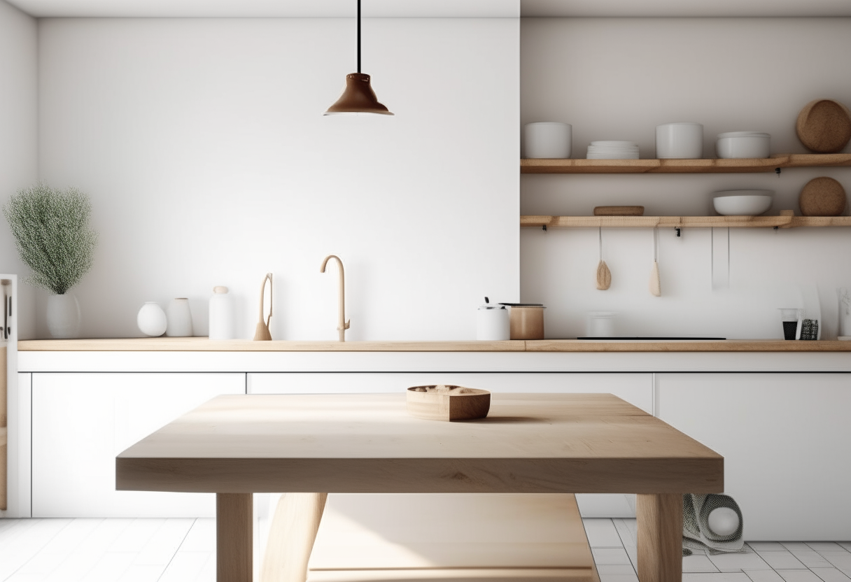 A 970 x 600 pixel photo of a clean, bright, white kitchen wall with a wooden table in focus at the bottom third of the frame