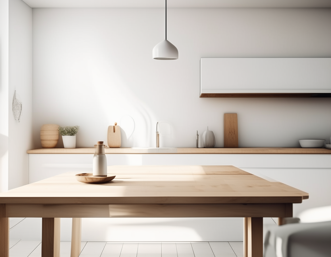 A 970 x 800 pixel photo of a clean, bright, white kitchen wall with a wooden table in focus at the bottom third of the frame