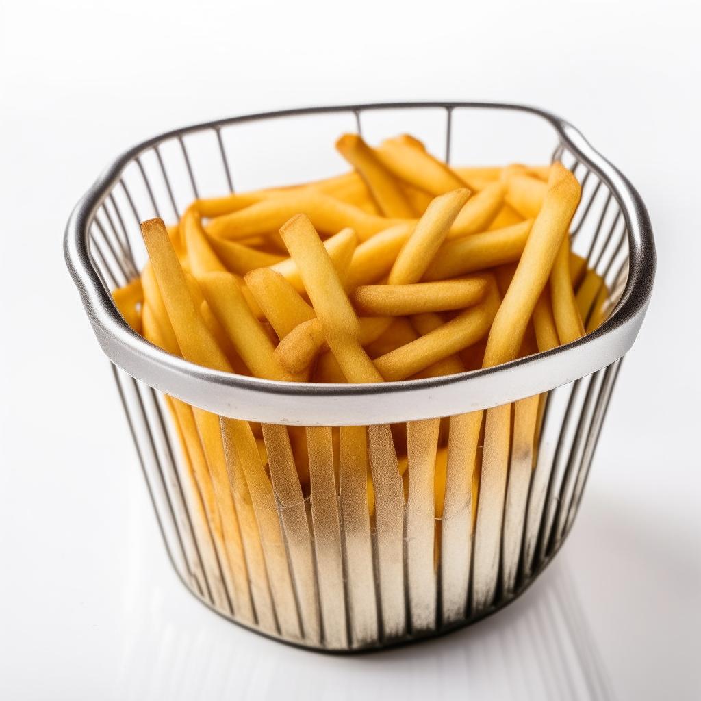 A close up photo of a metal wire basket filled with golden brown air fried french fries on a white background