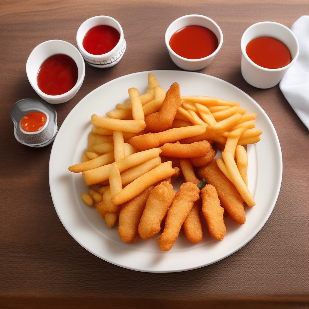 A white ceramic plate topped with golden brown air fried french fries, chicken nuggets, and chicken wings, arranged nicely with a small cup of ketchup on a wood table