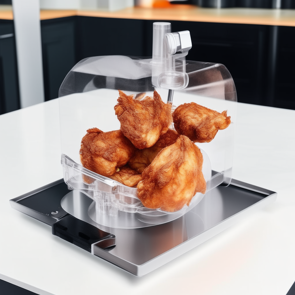 An air fried chicken dish sitting on a completely transparent table