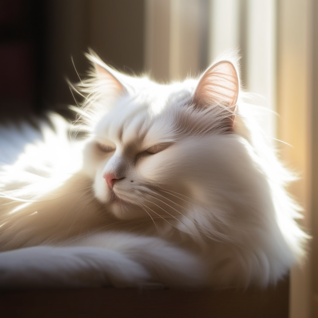 a fluffy white cat napping in a sunbeam