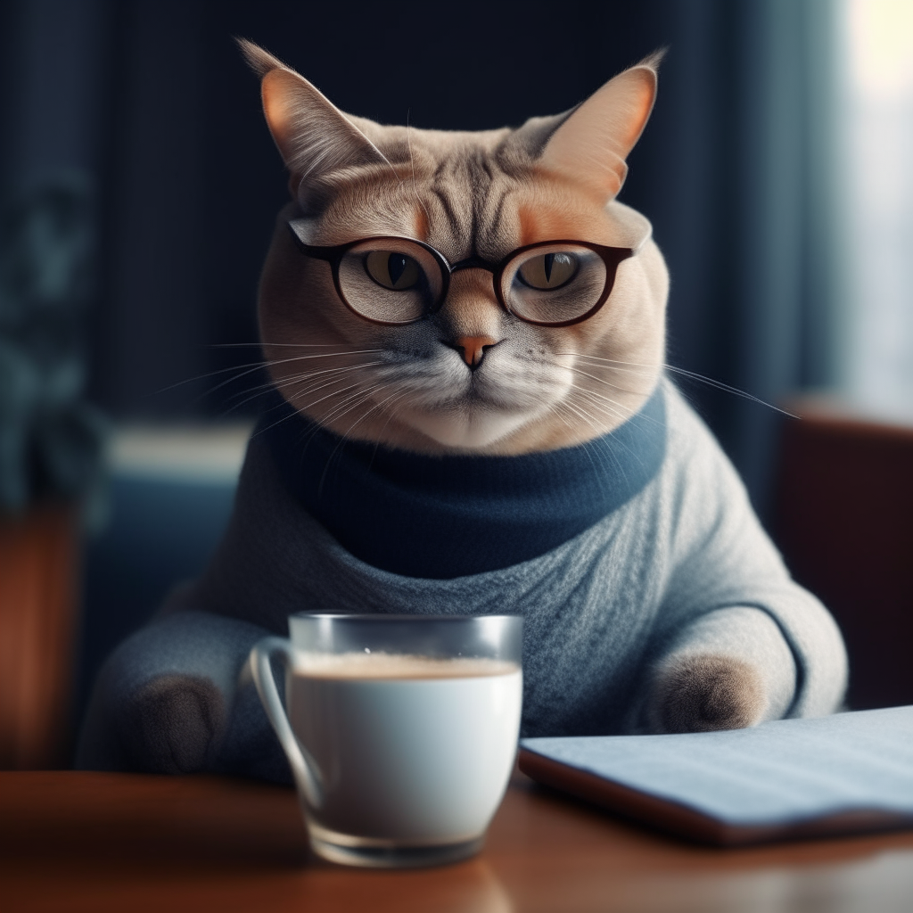 A cat with human-like facial features, wearing glasses and a sweater, sitting at a desk with a cup of tea