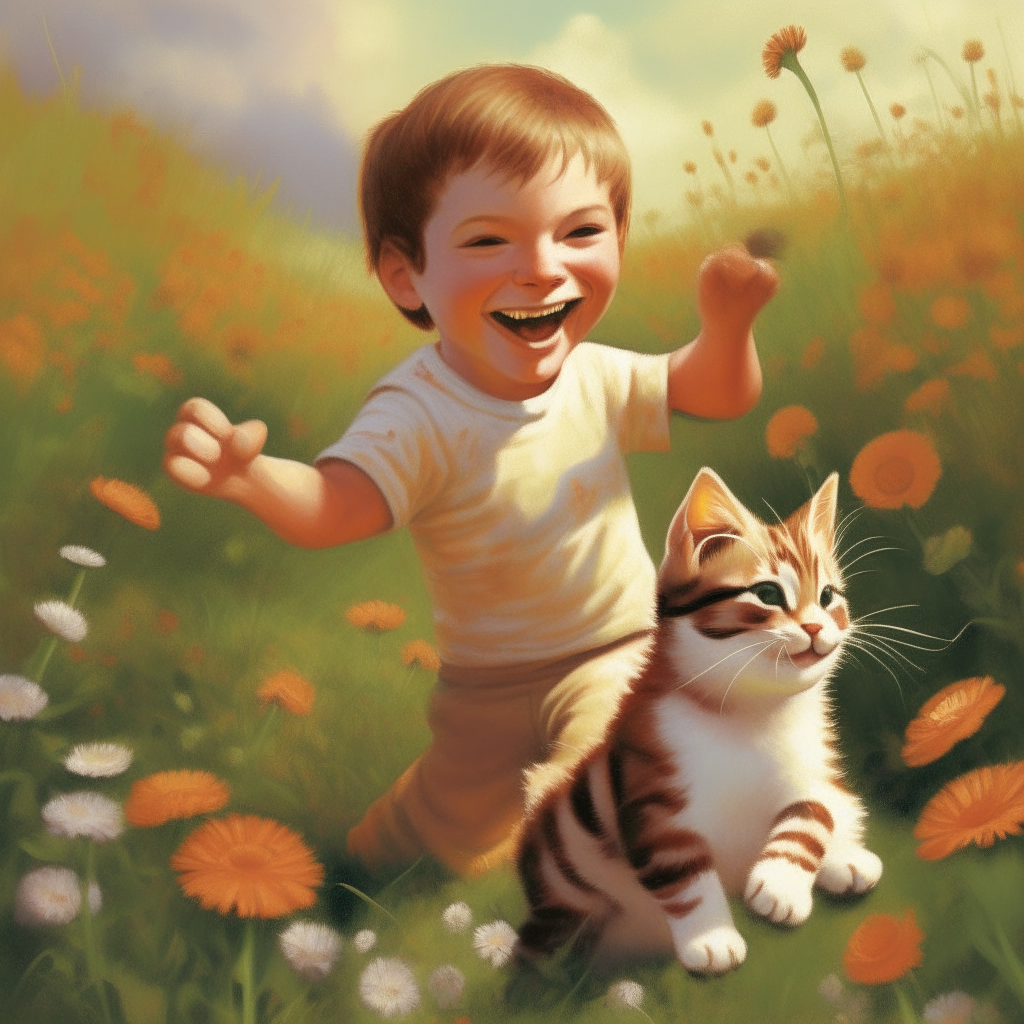 A playful kitten with the lower body of a cat and the upper body and head of a smiling young boy, frolicking in a field of flowers