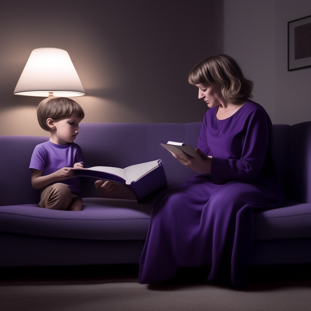 child comes into the living room with a frown on his face.  His auntie is sitting on a plush velvet sofa chair (purple or royal blue) in a minimalist townhouse living room and he comes up to her standing in front of her. She pretends to ignore him and continues reading her bible flipping a page the page