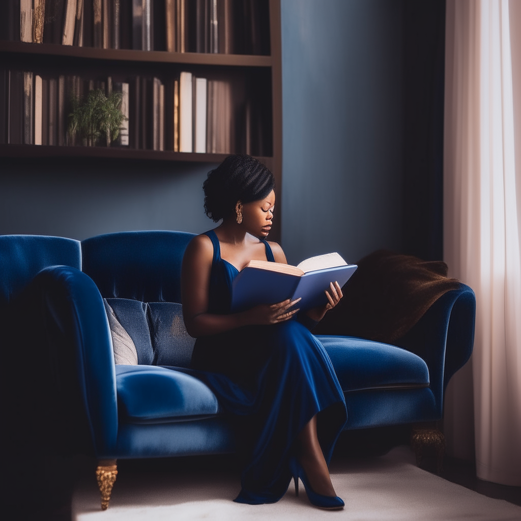 an elegant black lady is sitting on a plush royal blue velvet sofa chair in a minimalist townhouse living room, she is reading a bible.